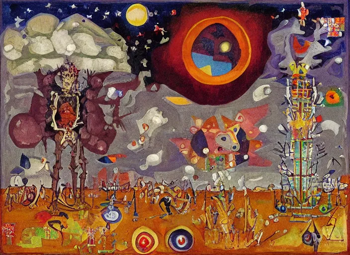 Image similar to pixel decollage painting tarot lovers card composition tower of babel road red armor maggot bear and wonky alien frog skeleton knight on a horse in a dark red cloudy night sky with golden foil jewish stars and diamonds, mountain lake and blossoming field in background, painted by Mark Rothko, Helen Frankenthaler, Danny Fox and Hilma af Klint, pixelated, neo expressionism, semi naive, pastel colors, cinematic, color field painting, cave painting, voxel, pop art look, outsider art, minimalistic. Bill Traylor painting, part by Philip Guston, Amano and Francis Bacon. art by Adrian Ghenie, very coherent symmetrical artwork, cinematic, hyper realism, high detail, octane render, unreal engine, Smooth gradients, depth of field, full body character drawing, extremely detailed, 8k, extreme detail, intricate detail, masterpiece