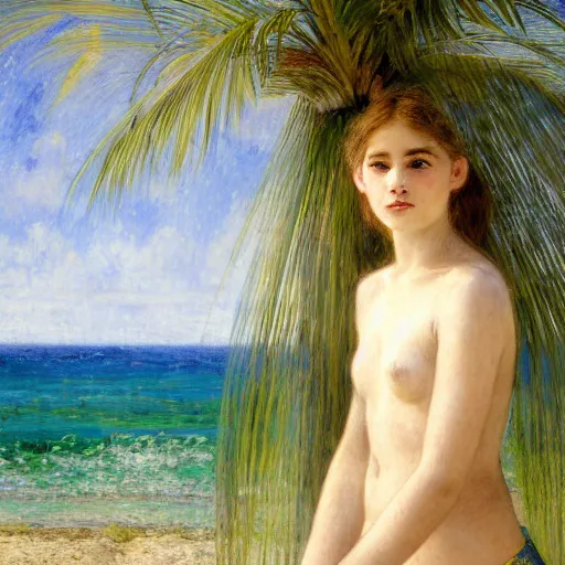 Prompt: a ultradetailed beautiful painting of a girl in the amazonas palace balustrade designed by jules bastien - lepage, hans belmer, frank weston and gustave baumann, beach, trending on artstation, mediterranean, palm trees, refracted color sparkles, sharp focus, soft light, 8 k 4 k
