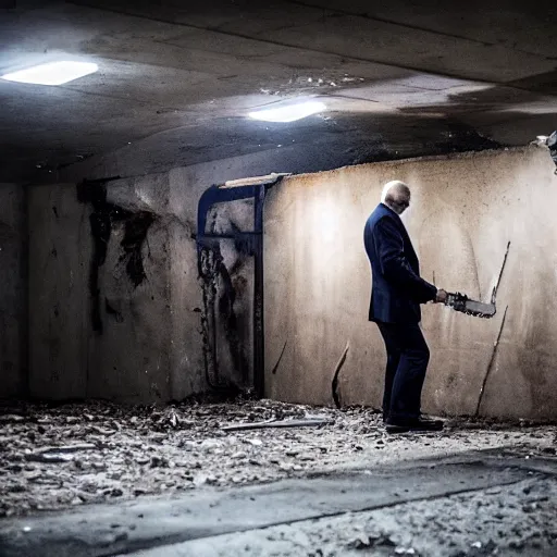 Image similar to putin with a chainsaw and a corpse. in a concrete bunker. focus on putins face with blood splatters. canon eos r 3, f / 1. 4, iso 1 6 0 0, 1 / 8 0 s, 8 k, raw, grainy