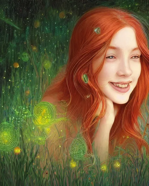 Image similar to infp girl, smiling, amazed by the lights of golden fireflies, sitting in the midst of nature fully covered, long loose red hair, intricate linework, dreamy green eyes, small nose with freckles, oval shape face, realistic, expressive emotions, dramatic lights, spiritual scene, hyper realistic ultrafine digital art by james jean and albert bierstadt and artgerm