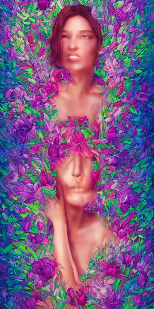 Prompt: girl's body inside giant exotic flower, trending on Gsociety, trending on ArtstationHQ, trending on deviantart, ultra detailed painting at 16K resolution and epic visuals, epically surreally beautiful image, amazing effect