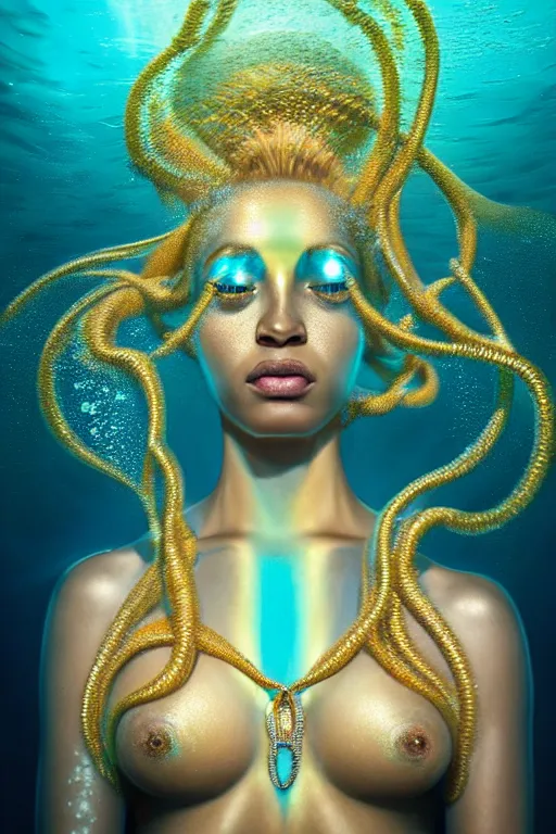 Image similar to hyperrealistic futurist whole body cinematic very expressive! translucent oshun goddess underwater scene, gold jewerly, highly detailed face, digital art masterpiece, smooth eric zener cam de leon, dramatic pearlescent turquoise light on one side, low angle uhd 8 k, shallow depth of field