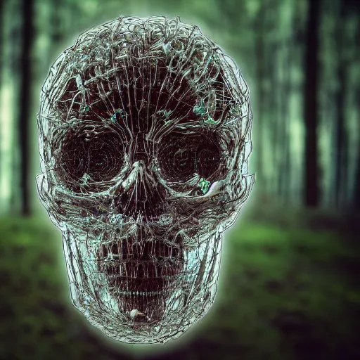 Image similar to very detailed portrait 55mm photo of a mechanical head without skin, with crystal bones and optic fiber nerves, gears in his head and cybernetic enhancements in it's transparent skull. Has cameras for eyes. In the forest with bokeh. Ray tracing and tessellation. Very sharp high detailed 8k image