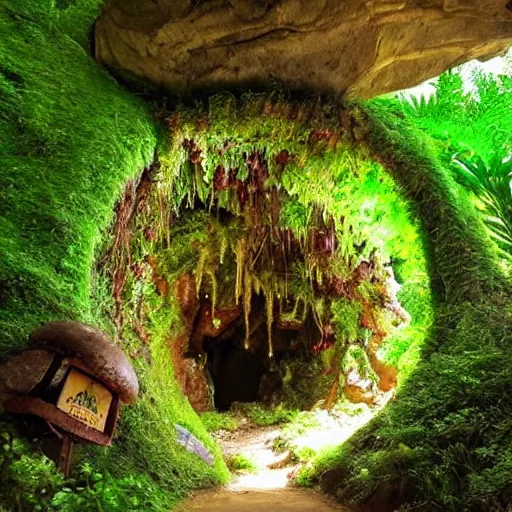 Image similar to ”mystical cavern entrance with lush vegetation and shiny mushrooms”