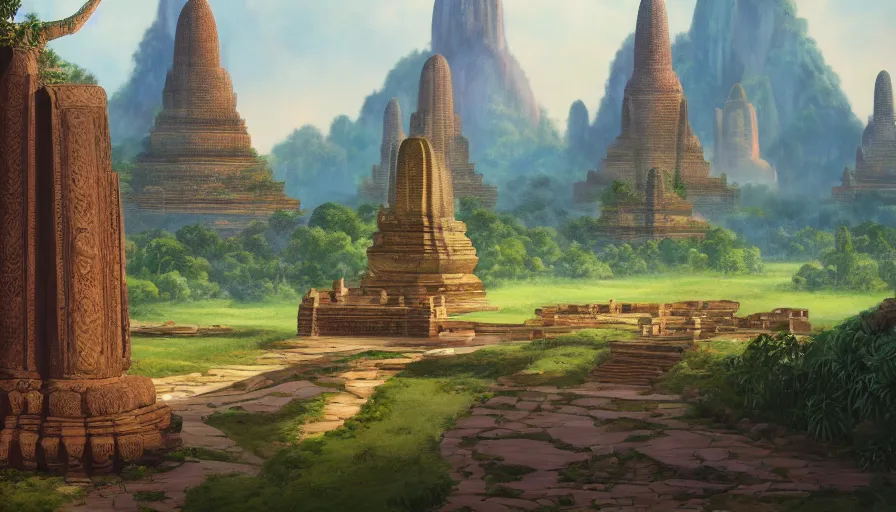 Image similar to ! dream matte painting of beautiful landscape of sukhothai, digital art trending on artstation, elegant, loin cloth, highly detailed, oil painting, artstation, concept art, matte, sharp focus, illustration, hearthstone, art by earl norem