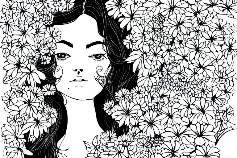 Prompt: beatiful woman surrounded by flowers, beautiful line art, ink illustration, sketch, pure b&w