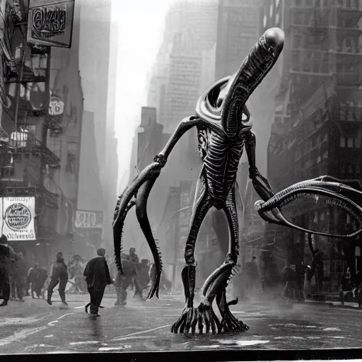 Image similar to old black and white photo, 1 9 1 3, depicting a xenomorph from the movie aliens rampaging through the bustling streets of new york city, historical record