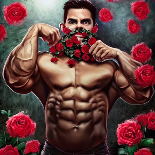 Image similar to handsome portrait of a spartan guy bodybuilder posing, surrounded by roses, intricate details, trending on artstation, sharp focus, caustics, radiant light, translucence, style of vento aureo cover art, style of stone ocean cover art, style of steel ball run cover art, ilya kuvishinov style, illustrated by hirohhiko araki