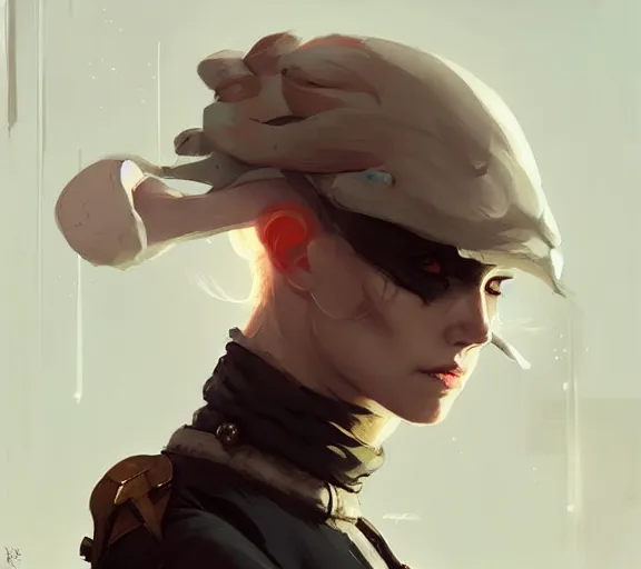 Prompt: portrait of a assassin, fantasy, by atey ghailan, by greg rutkowski, by greg tocchini, by james gilleard, by joe fenton, by kaethe butcher, by ashley wood, dynamic lighting, gradient light blue, brown, blonde cream and white color scheme, grunge aesthetic