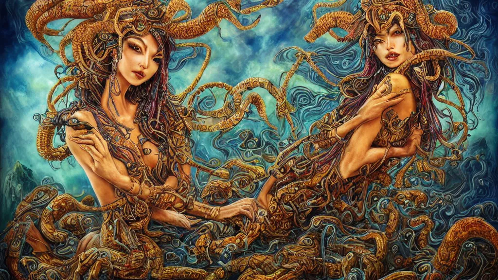 Prompt: portrait of a scorpion goddess, full body shot, rule of thirds, wide angle, amazing landscape in background, fantasy, whimsical, horror, art by chengwei pan and josephine wall and amanda sage, intricately detailed, highly detailed, luxurious, elegant, clean, unsettling, trending on artstation