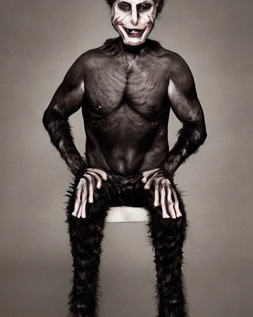 Prompt: Mauricio Macri in Elaborate Cat Man Makeup and prosthetics designed by Rick Baker, Hyperreal, Head Shots Photographed in the Style of Annie Leibovitz, Studio Lighting