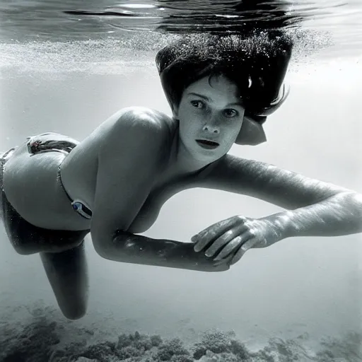 Image similar to underwater photography full portrait of a young beautiful woman swimming by terry o'neill