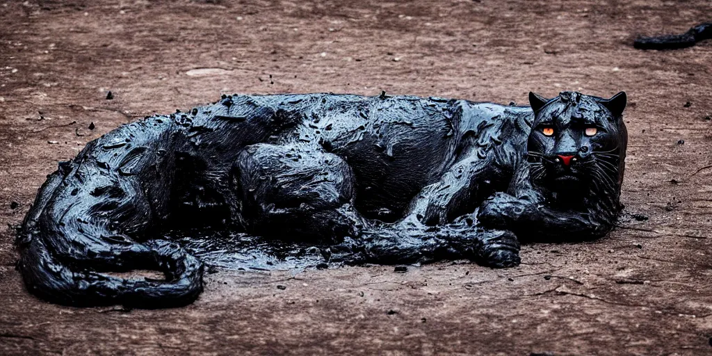 Image similar to a panther, made of ferrofluid, bathing inside the tar pit, full of goo, covered with ferrofluid. dslr, photography, realism, animal photography, color, savanna, wildlife photography