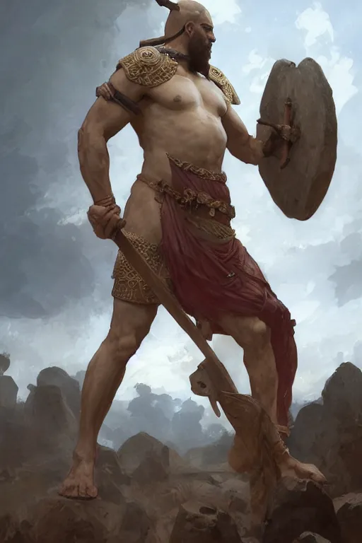 Image similar to ancient historically accurate depiction of the Bible Character Goliath of Gath, the Philistine warrior giant by frank miller, illustration by Ruan Jia and Mandy Jurgens and William-Adolphe Bouguereau, Artgerm, 4k, digital art, surreal, space dandy style, highly detailed, godsend, artstation, digital painting, concept art, smooth, sharp focus, illustration by Ruan Jia and Mandy Jurgens and William-Adolphe Bouguereau, Artgerm