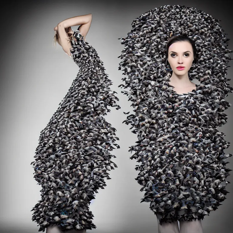 Prompt: “a beautiful woman in a dress made of pigeons, high fashion, concept fashion, studio lighting, nyc, 8k, 4k”