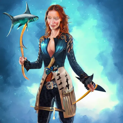 Image similar to Swashbuckling female pirate with iridescent shark skin, digital art, wearing shark skin clothing, digital art