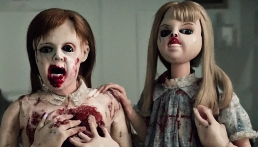 Prompt: big budget horror movie about a person being bitten by an evil killer doll