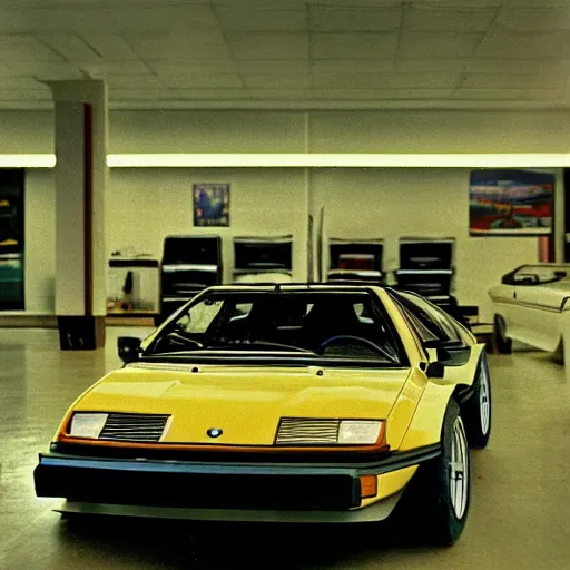 Prompt: 1979 Jeep BMW M1, inside of an auto dealership, ektachrome photograph, volumetric lighting, f8 aperture, cinematic Eastman 5384 film