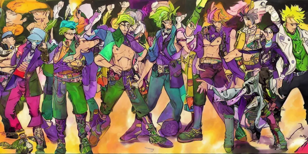 Prompt: detailed colorful full body jojo bizzare adventure ` s concept art