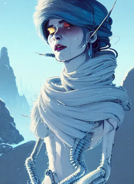 Image similar to highly detailed portrait of wasteland punk long curly white icey shard hair tribal lady, stray wiring by atey ghailan, james gilleard, by joe fenton, by greg rutkowski, by greg tocchini, by kaethe butcher, 4 k resolution, gradient blue, cyan, black and white color scheme!!! ( ( snowy glaciated robotic dystopian city background ) )