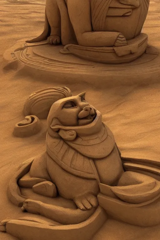 Prompt: a detailed sand sculpture of a godly egyptian cat, unreal engine 5, painted by gaston bussiere, hyper realism, artistic, dramatic lighting