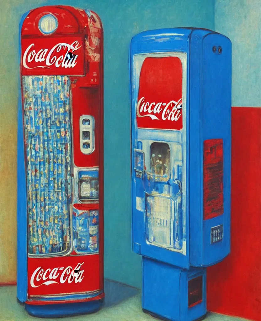 Prompt: achingly beautiful oil painting of 1 9 4 0 s coca - cola vending machine on blue background by monet, hopper, and magritte.