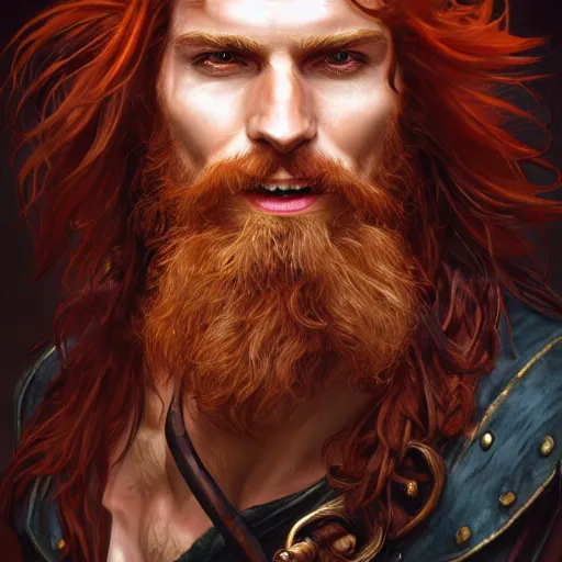 Prompt: portrait of a young ruggedly handsome but joyful pirate, male, masculine, upper body, red hair, long hair, d & d, fantasy, sharp features, intricate, elegant, highly detailed, digital painting, artstation, concept art, matte, sharp focus, illustration, art by artgerm and greg rutkowski and alphonse mucha