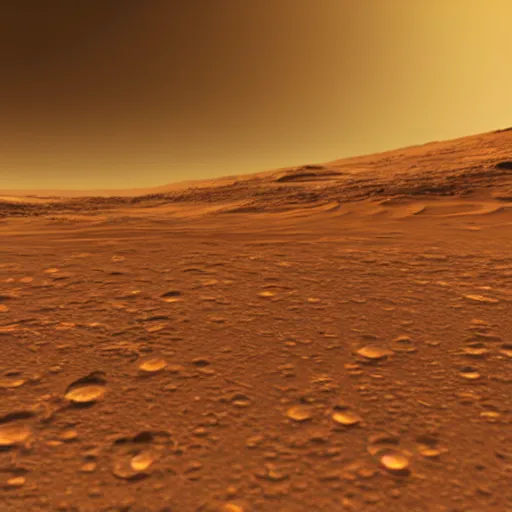 Prompt: photorealistic depiction of the surface of Mars, golden hour, futuristic alien spacecraft fly overhead