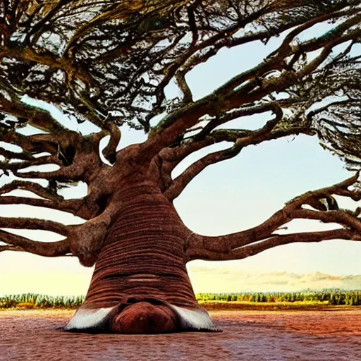 Prompt: an artwork of an enormous tree, the trunk of which looks like a whale