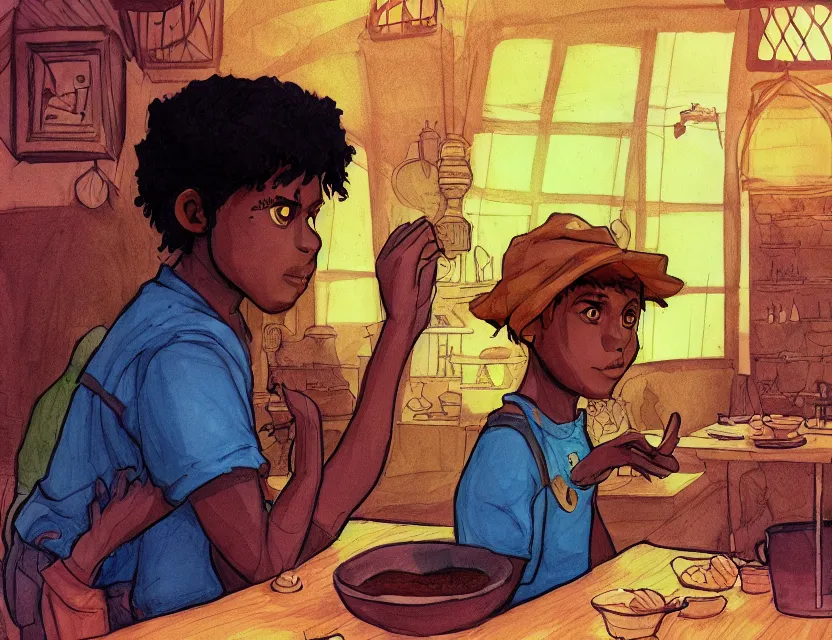 Prompt: brown - skinned witch boy in a suspicious cafe. complementary colors, copic markers, indie concept art, bloom, chiaroscuro, backlighting, intricate details.