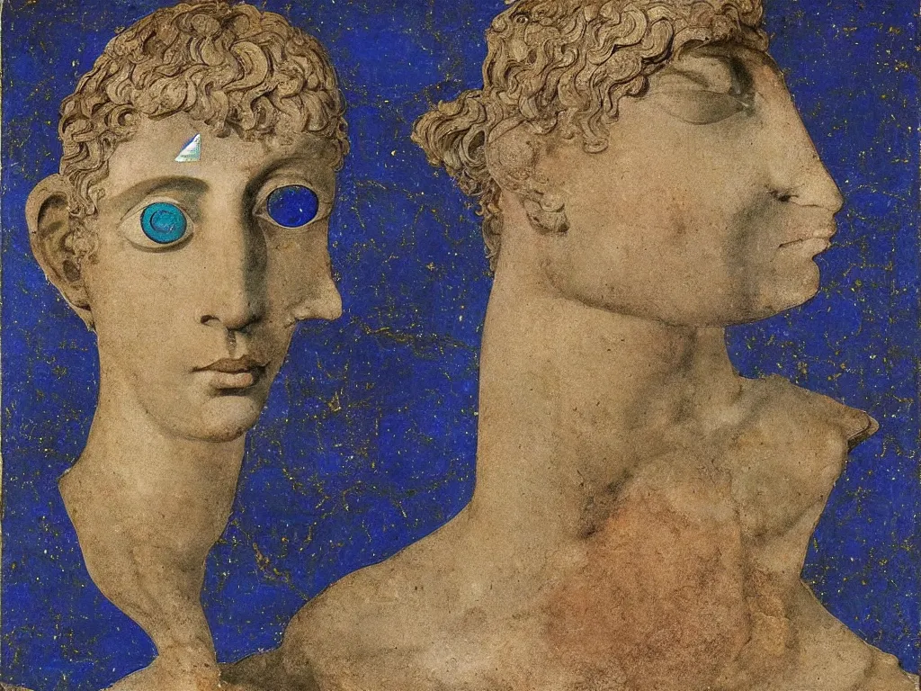 Image similar to broken marble greek sculpture head of the god of tranquility with inlaid crystal eye. lapis - lazuli, turquoise, malachite, cinnabar, earth brown. painting by piero della francesca, balthus, agnes pelton