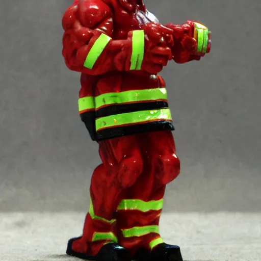 Image similar to a muscular tyrannosaurus Rex firefighter,