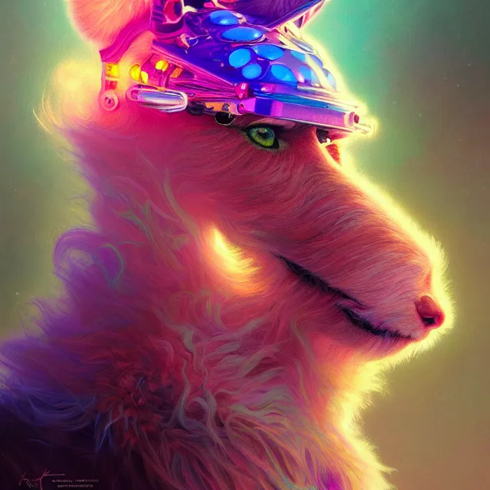 Image similar to bright psychedelic fluffy hairy animal cyborg, diffuse lighting, fantasy, intricate, elegant, highly detailed, lifelike, photorealistic, digital painting, artstation, illustration, concept art, smooth, sharp focus, art by John Collier and Albert Aublet and Krenz Cushart and Artem Demura and Alphonse Mucha