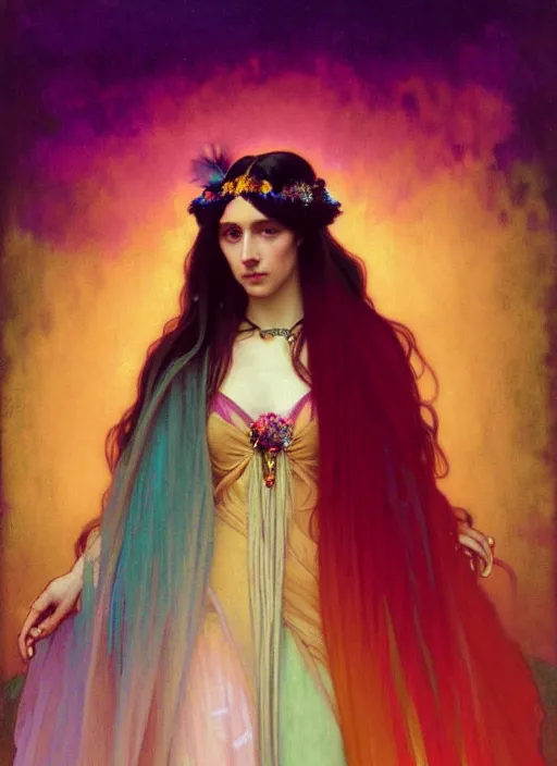 Image similar to ombre velvet gown, feathers, vivid colors, lovely dark autumn princess, portrait, long hair, tiara, jeweled choker, by alphonse mucha, brom, greg rutkowski, anato finnstark, global illumination, radiant light