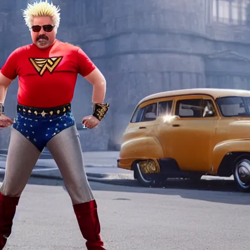 Prompt: Cinematic movie still of Guy Fieri cosplaying as Wonder Woman but it\'s actually Guy Fieri