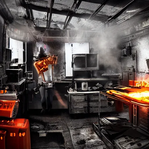 Image similar to cyborg toaster oven repairman, dark messy smoke - filled cluttered workshop, dark, dramatic lighting, orange tint, sparks, plasma rays, cinematic, highly detailed, sci - fi, futuristic, movie still