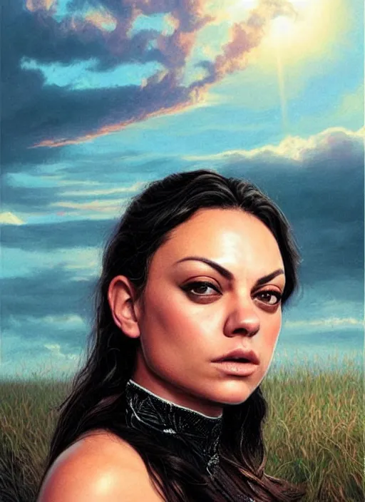 Image similar to Mila Kunis wearing black choker, epic portrait of a very strong muscled Amazon heroine, sun beams across sky, pink golden hour, stormy coast, intricate, elegance, highly detailed, shallow depth of field, epic vista, concept art, art by Artgerm and Donato Giancola, Joseph Christian Leyendecker