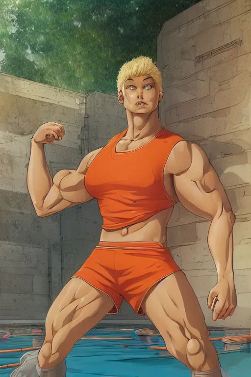 Image similar to a handsome man with blonde hair who is also a male android, ken, muscular, wearing a cut-off white tank top and short light orange shorts, stands by a swimming pool, facing forward, in the style of artgerm and moebius and annie liebovitz, photorealistic, highly detailed