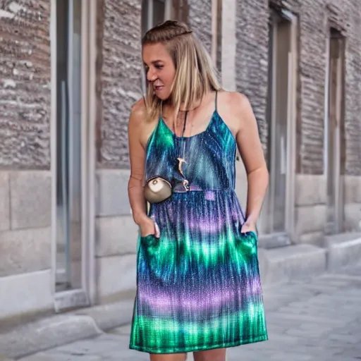 Prompt: a summer dress that looks like the northern lights, 4 k, trending