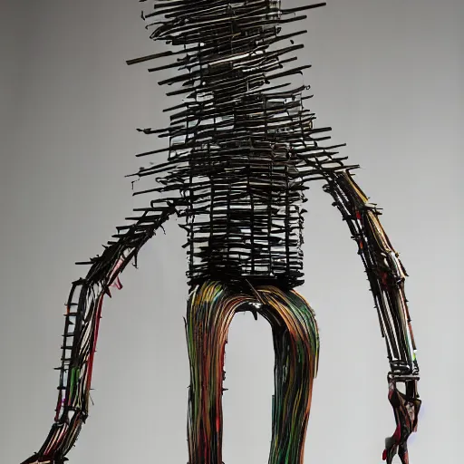 Prompt: a contemporary art sculpture of a tall man running with long arm and a big head, in the style of jean tinguely, made of intricate metal and wood, thick paint, intricate, dirty, leds, indoor, studio lighting, hyper realistic, detailed, 8 k