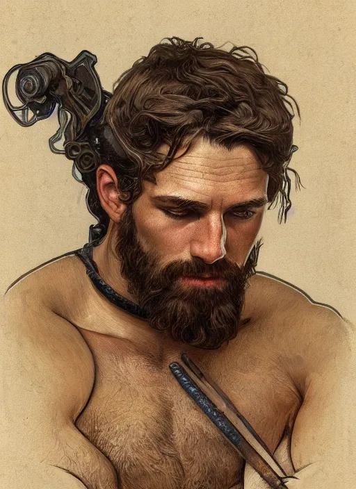 Image similar to portrait of a rugged ranger, muscular, upper body, hairy torso, D&D, fantasy, intricate, elegant, highly detailed, digital painting, artstation, concept art, smooth, sharp focus, illustration, art by alphonse mucha