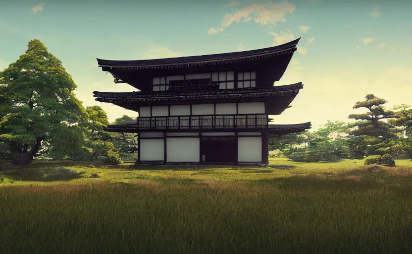 Image similar to Japanese countryside regal house, Low level, rendered by Beeple, Makoto Shinkai, syd meade, simon stålenhag, synthwave style, digital art, unreal engine, WLOP, trending on artstation, 4K UHD image, octane render