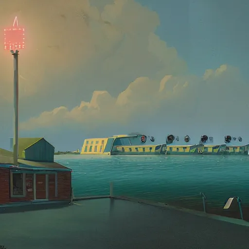 Image similar to yachting club by simon stalenhag