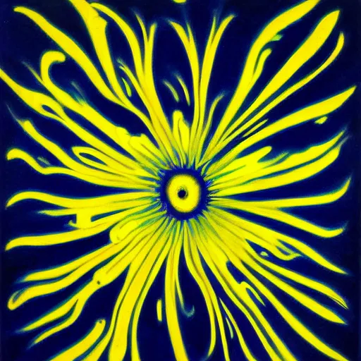 Prompt: an amazing ultrafine airbrush painting of blue and yellow flowers on a black background, by morris louis bernstein, georgia o ’ keefe, and rachel reckitt, deviantart, featured on dribble, metaphysical painting, biomorphic, oil on canvas, bioluminescene