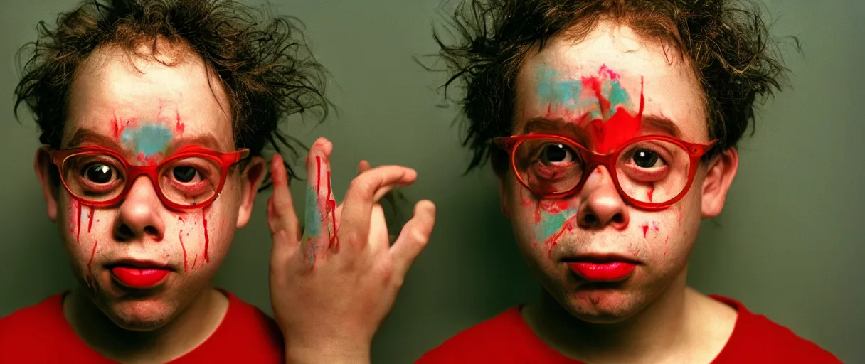 Prompt: award winning photo of a todd solondz charles thompson iv, sad and happy, crying and smiling franticly, vivid colors, happy, symmetrical face, beautiful eyes, studio lighting, wide shot art by sally mann & arnold newman