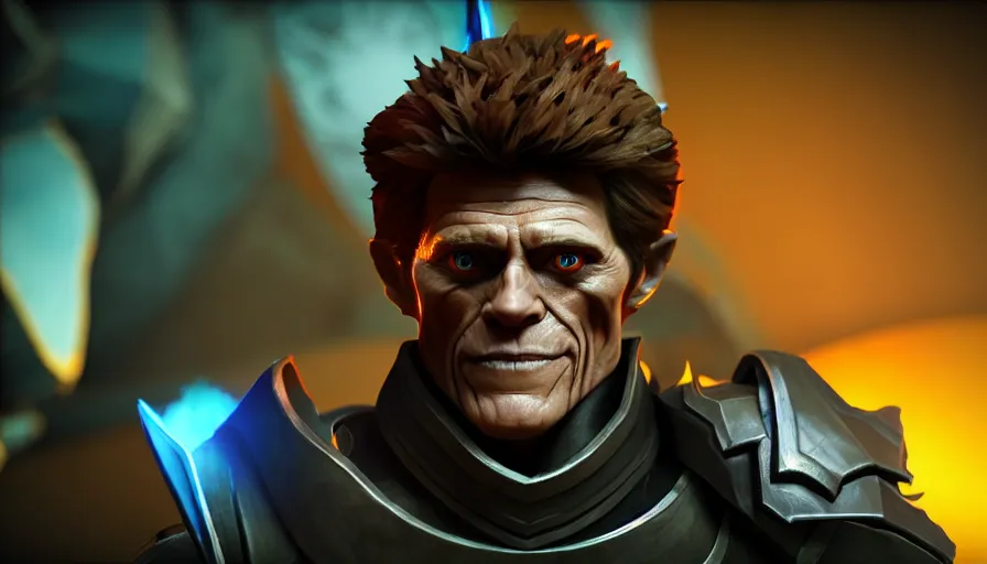 Image similar to willem dafoe as dota 2 game character, symmetrical, dota 2 game screenshot, 4 k, ray tracing, octane render, ultra hd