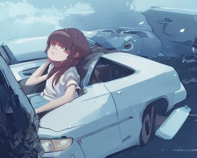 Image similar to a brunnete girl with blue eyes and puffy cheeks lying in a car accident, long shot from the top, anime art, Greg Rutkowski, studio ghibli, dramatic lighting