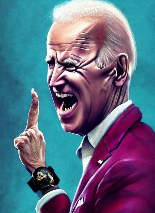 Image similar to Joe Biden as a transgender woman, maniac look, rainbow hair, ugly, gross, realistic, beta male, accurately portrayed, portrait art by Hieronymus Bosch and greg rutkowski, highly detailed, digital painting, concept art, illustration, transgender flag displayed, trending on artstation, very detailed, smooth, sharp focus, octane render, close up