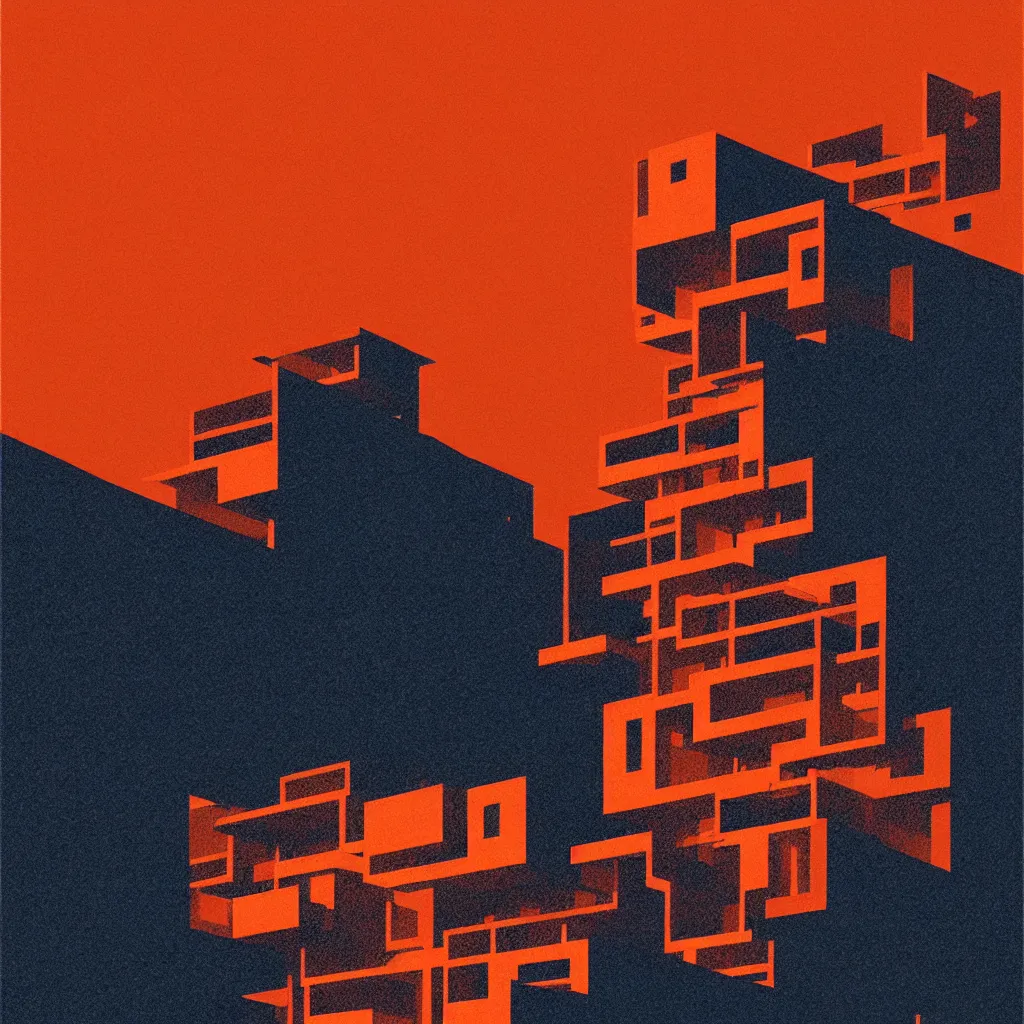 Image similar to kyoto, mads berg, karolis strautniekas, film noir, stippled light, dramatic lighting, editorial illustration, detailed, fine texture, matte print, art deco, brutalism, dark blue + dark orange, red, black, ( ( habitat 6 7 background ) )