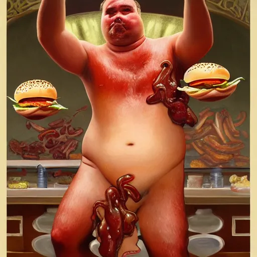 Image similar to detailed full body concept art illustration oil painting of Daniel Day Lewis molesting and groping hamburgers, extra ketchup, bacon lettuce and tomatos, oriental art nouveau, frock, mid body, radiant halo of light, black gold smoke ink, fat man covered in bacon and cheese, peter mohrbacher, artgerm